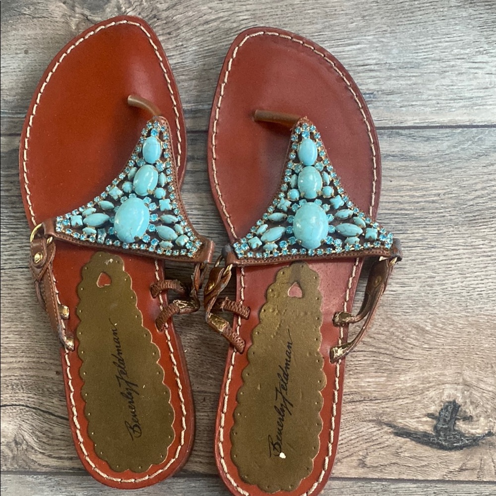 Beaded Leather Sandals - Brown and Turquoise